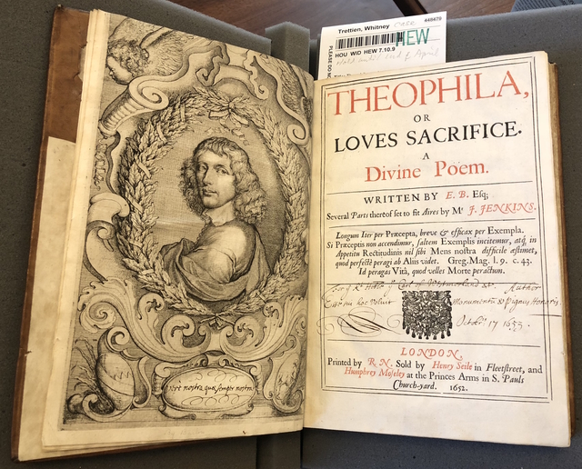 Photograph of a page opening showing Benlowes’s authorial portrait opposite the title page for *Theophila* (1652)