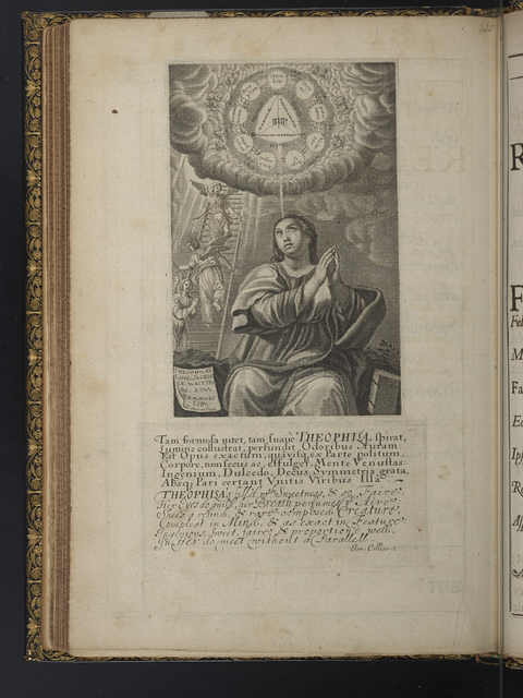 Photograph of a plate showing Theophila at prayer and two plates of verse in English and Latin.