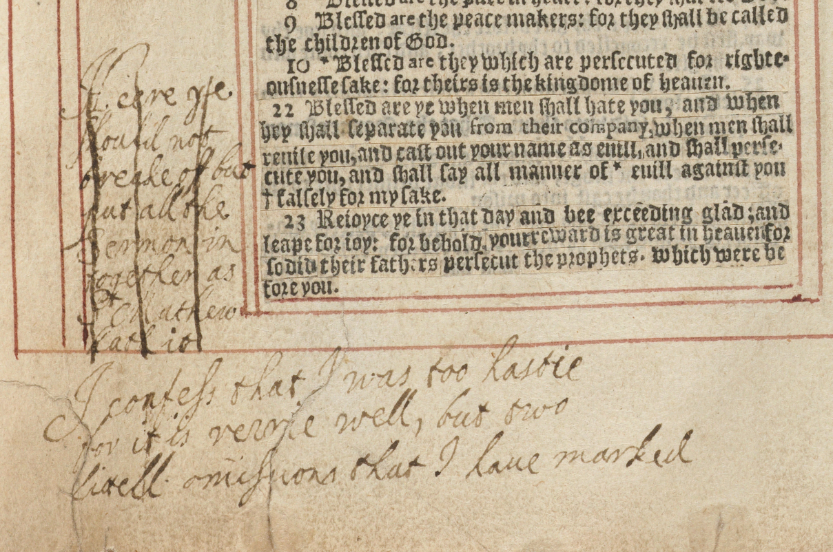 Photograph of King Charles I's annotation on a gospel harmony produced at Little Gidding in 1631